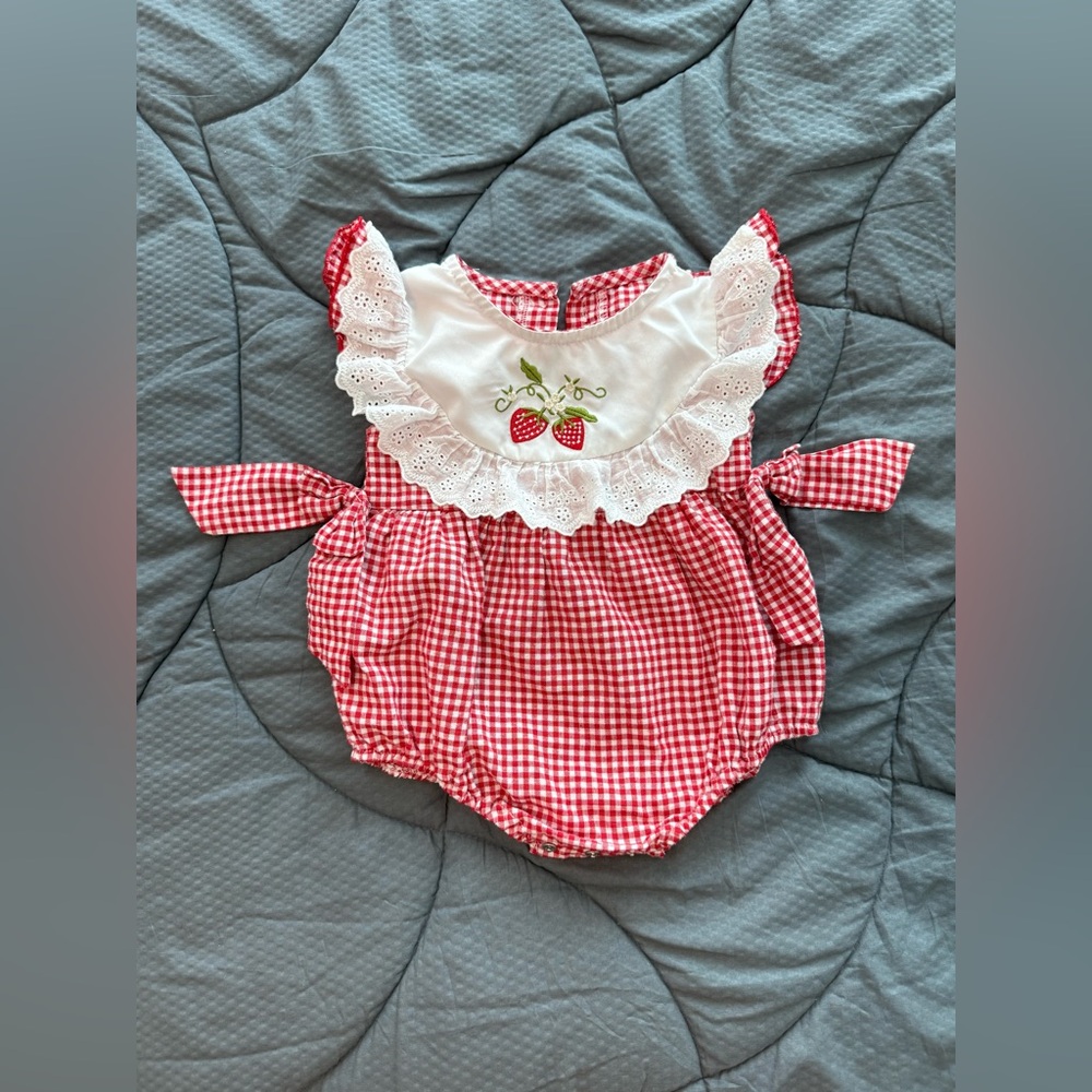 Red Gingham Baby Romper with Strawberry Embroidery size 6-1 year 80 cm worn once